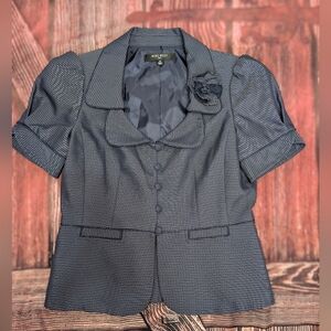Nine West Peplum Blue Striped Short Sleeve Blazer With Flower Brooch